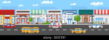 Pixel City Street. Gioco arcade retrò, edifici a 8 bit, negozi e negozi, trasporti urbani, carreggiata, alberi, piante, sfondo orizzontale Illustrazione Vettoriale