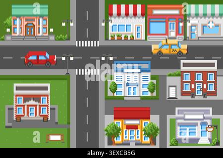 Mappa stradale pixel art con edifici. Carreggiata con trasporti, incroci urbani, vista dall'alto, paesaggio cittadino a 8 bit con strade, incroci e semafori Illustrazione Vettoriale