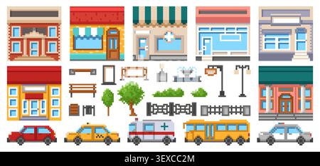 Elementi città pixel art. Trasporti urbani, diversi negozi, negozi, case, alberi e piante del parco, lanterne, recinzioni e panchine, sala giochi retrò a 8 bit Illustrazione Vettoriale