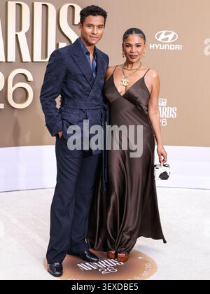 LOS ANGELES, CALIFORNIA, Stati Uniti d'America - GIUGNO 28: Jaafar Jackson indossa Valentino e Nia Long arriva ai BET Awards 2026 (26th Annual BET Awards) che si tengono al Peacock Theater al L.A. Live il 28 giugno 2026 a Los Angeles, California, Stati Uniti. (Foto di Xavier Collin/Image Press Agency) Foto Stock