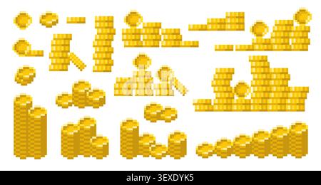 Monete in oro pixel. Pile di valute per giochi arcade in stile retrò a 8 bit, risorse di denaro del tesoro, economia, finanza, contanti, accumulo di ricchezza e digitale Illustrazione Vettoriale