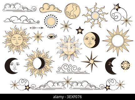 Simboli celesti. Ornamenti mistici, sole, luna, stelle, elementi astrologici boho vintage per tarocchi, eleganti elementi grafici per il branding spirituale Illustrazione Vettoriale