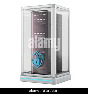 Rack server nell'armadio protettivo con icona di blocco dello scudo. Sicurezza informatica, protezione dei dati e infrastruttura IT sicura, concetto. rendering 3d isolato o Foto Stock