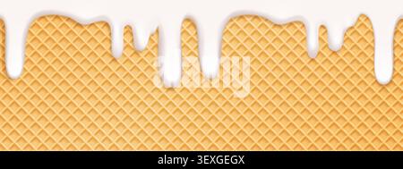 Texture di cono di waffle con gelato nella wafer. Sfondo a motivi con gocce di gelato sciolto. Griglia di biscotto waffle, poster vettoriale, glassa al latte sulla torta Illustrazione Vettoriale