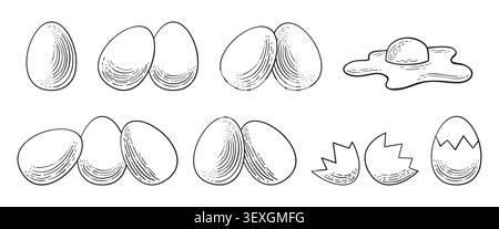 Set di icone uovo. Contorno e uova di Pasqua solide, doodle d'uovo fritto, simboli rotti di guscio d'uovo incrinato, carino cartoni animati kawaii. Raccolta di uova di pollo per design e decorazione. Illustrazione vettoriale Illustrazione Vettoriale