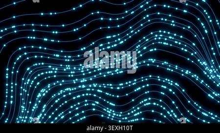 Flusso di dati sulle particelle astratte lungo la traiettoria curva con movimento digitale dinamico ed energia di rete Foto Stock