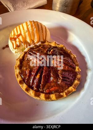 Primo piano da una piccola torta di noci pecan con gelato. Foto Stock