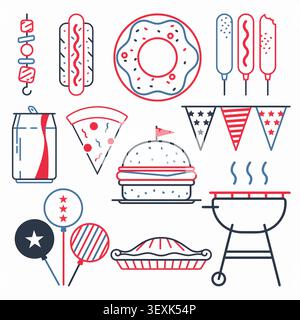 Collezione di oggetti di scena patriottici americani, elementi festivi per la celebrazione del 4 luglio con bunting, palloncini, fast food e barbecue Illustrazione Vettoriale