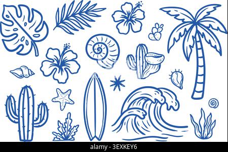 Una vivace collezione di icone vettoriali a tema tropicale, tra cui palme, fiori di ibisco, conchiglie, onde, cactus, e stelle marine, tutte isolate su una Illustrazione Vettoriale