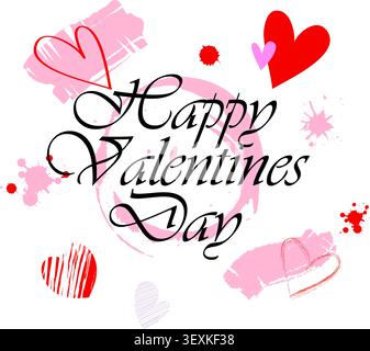 Testo corsivo di San Valentino isolato con cuori decorativi e schizzi, perfettamente posizionato su uno sfondo bianco pulito per biglietti d'auguri e de digitale Illustrazione Vettoriale