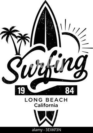 Logo da surf vintage isolato con tavola da surf stilizzata, palma, raggi del sole e la parola "Surfing" con gli anni 1984 e 19, che rappresentano Lon Illustrazione Vettoriale