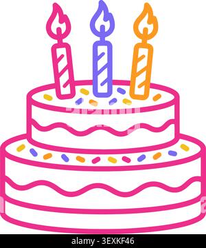 Una torta di compleanno allegra e isolata con tre candele accese in rosa, viola e giallo, decorata con spruzzi colorati su un dorso bianco pulito Illustrazione Vettoriale