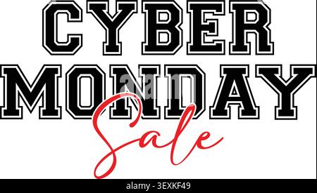 Design isolato con testo di vendita Cyber Monday con lettere maiuscole in grassetto e una "vendita" decorativa in vivace colore rosso-rosa su un bianco pulito Illustrazione Vettoriale