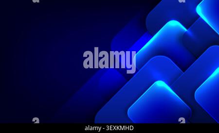 Sfondo blu scuro astratto con quadrati arrotondati sovrapposti e bordi azzurri al neon, moderno banner tecnologico futuristico per le presentazioni aziendali Illustrazione Vettoriale