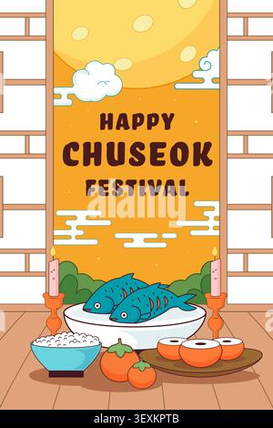 Happy Chuseok Festival poster Design con tavolo da cibo tradizionale Illustrazione Vettoriale
