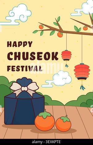 Striscione di auguri natalizi Chuseok coreano con confezione regalo e Lanterne Illustrazione Vettoriale