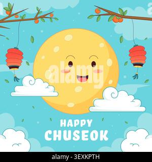 Carino modello di biglietto d'auguri Chuseok con il sorriso del personaggio Full Moon Illustrazione Vettoriale