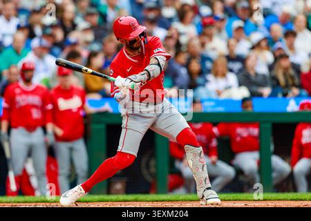 Seattle, Washington, Stati Uniti. 29 giugno 2026. L'interno dei Los Angeles Angels ZACH NETO (#9) in azione durante una partita di stagione regolare della MLB tra i Seattle Mariners e i Los Angeles Angels al T-Mobile Park di Seattle, Washington, il 29 giugno 2026. I Mariners hanno vinto 6:2. (Immagine di credito: © Jason Wang/ZUMA Press Wire) SOLO PER USO EDITORIALE! Non per USO commerciale! Foto Stock