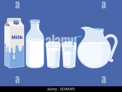 Latte fresco per la colazione. Caraffa, scatola del latte e bicchiere di latte. Brocca del latte, bere il prodotto in contenitori diversi, bottiglia di latte vaccino. Illustrazione Vettoriale