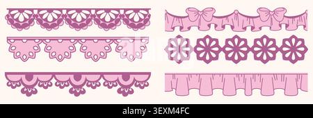 Set di cornici in delicato pizzo rosa con archi a nastro e fronzoli isolati su sfondo bianco. Illustrazione vettoriale di stravaganti bordi vintage in pizzo per disegni di coquette e inviti eleganti Illustrazione Vettoriale