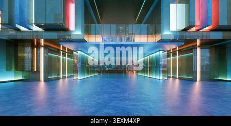 Edificio moderno dall'esterno che presenta un design multilivello con pareti di vetro e colorate luci al neon. rendering 3d. Foto Stock