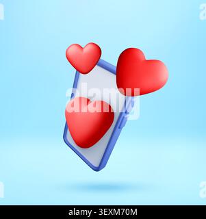 Icona dello smartphone 3D con cuori rossi che fluttuano. Illustrazione Vettoriale