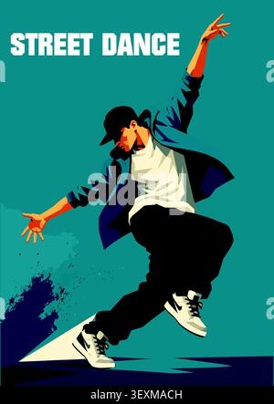 Ballerina che esprime la cultura urbana attraverso uno stile energico di Street dance su sfondo grafico Illustrazione Vettoriale