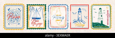 Collezione di francobolli estivi, divertenti e colorati, disegnati a mano con testo. Vacanza mediterranea in stile doodle. Illustrazioni di design vettoriale per affrancatura o emblema. Illustrazione Vettoriale