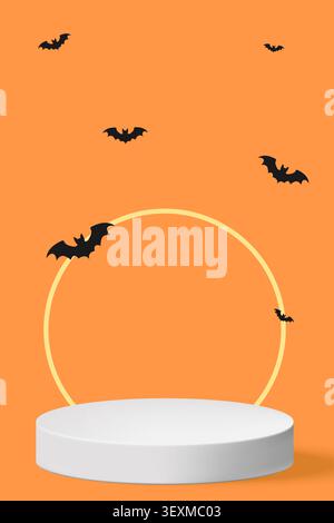 Sfondo di Halloween con pipistrelli e ragnatele sullo sfondo arancione, spaventoso design natalizio con podio Illustrazione Vettoriale