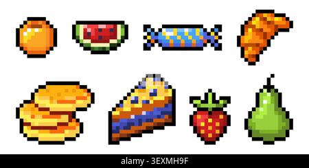 Pixel art frutta e dolci icone di fragole, pera, arancia e anguria, cibo vettoriale, pittogrammi di dessert su sfondo bianco. Torta, caramelle, croissant e pancake in un vivace stile di gioco retrò a 8 bit Illustrazione Vettoriale