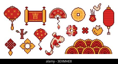 Icone di pixel art cinesi di lanterne festive, fan di carta rossa, snack retrò a 8 bit, fiori e bambù, disegni di giochi japaniesi vettoriali su sfondo bianco. Tradizionali rotoli asiatici, moneta d'oro e pesce Illustrazione Vettoriale