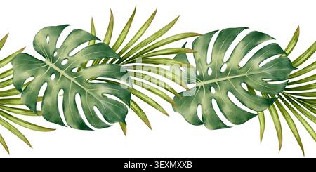 Bordo senza giunzioni di foglie tropicali disegnato in stile acquerello con foglie di monstera e palme, disegno ripetitivo per tessuti, imballaggi, carta da regalo, carta da parati e progetti estivi. Foto Stock