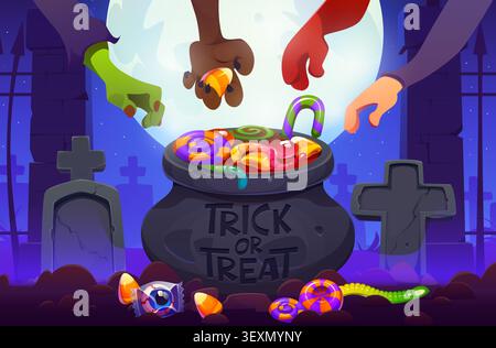 Halloween trick o regala caramelle con le mani dei mostri. Zombie di Halloween, mostri demoni e lupi mannari, mani che raggiungono la pentola delle streghe piena di vermi gelatinosi, lolly Illustrazione Vettoriale