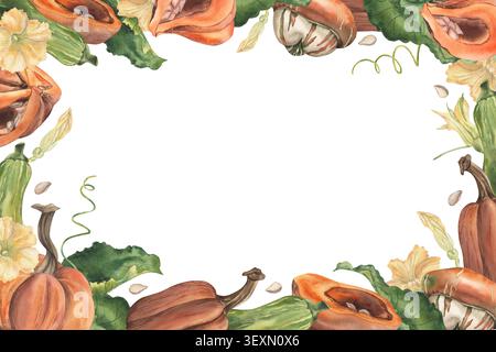 Cornice rettangolare autunnale con zucche arancioni, foglie verdi, fiori gialli. Illustrazione ad acquerello disegnata a mano in stile botanico. Per l'imballaggio Foto Stock