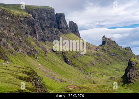 Il Quiraing sul Trotternish Ridge, Isola di Skye, Scozia, in una giornata estiva di sole con spettacolari formazioni rocciose e un paesaggio verde ondulato. Foto Stock