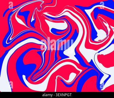 Un audace design in marmo liquido astratto caratterizzato da vorticosi nastri di rosso cremisi, blu reale e bianco. Foto Stock