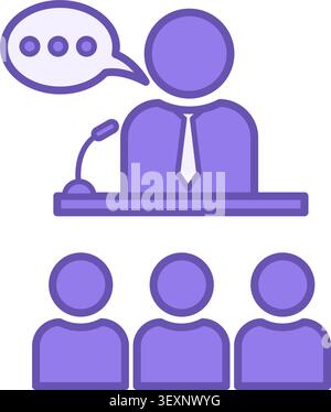 Icona colorata per istruzioni. Icona vettoriale. L'uomo con microfono comunica informazioni importanti alle persone. Concetto aziendale e di officina Illustrazione Vettoriale