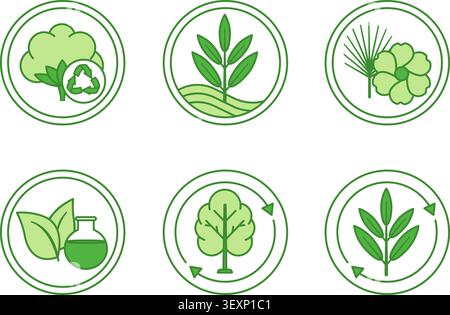 Icone verdi delle fibre tessili su base naturale. Etichette vettoriali, etichette per imballaggio. Cotone riciclato, tessuto modale, rayon, cupro, viscosa, Lyocell. Illustrazione Vettoriale