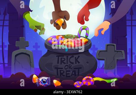 Halloween trick o delizia le caramelle con la mano del mostro Illustrazione Vettoriale