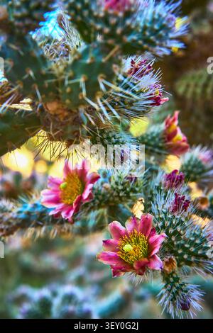 Prima piano di un fiore di cactus rosa in fiore in un giardino desertico con steli verdi spinosi Foto Stock