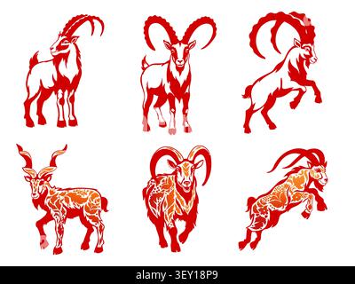 Set di 6 capre rosse isolate con ornamento. Stile decorativo floreale. Simbolo del nuovo anno 2027. Per schede, calendari, collage Illustrazione Vettoriale