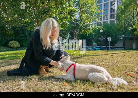 La giovane donna in abito nero regala dolcemente un regalo al suo soffice cane bianco disteso sull'erba verde in un luminoso parco urbano Foto Stock