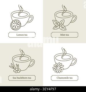 Set di icone d'arte della linea del tè alle erbe con la zecca di limone il Buckthorn e la camomilla Illustrazione Vettoriale