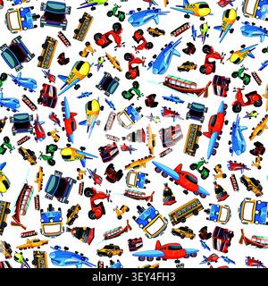 Schema di illustrazione vettoriale piatto di aeroplani, barche, autobus e scooter su sfondo bianco. Illustrazione Vettoriale