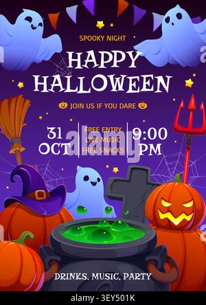 Cappello da strega, calderone, volantino per la festa di Halloween Illustrazione Vettoriale