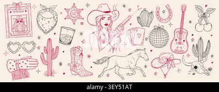 Collezione stravagante di cowgirl disegnata a mano. WESTERN girl, poster ricercato, stivali, cavallo, ballo da discoteca, chitarra, carte da gioco e teschio di toro. Coquette retro e Illustrazione Vettoriale