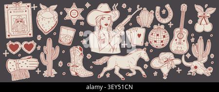 Coquette cowgirl stravagante collezione di doodle con ragazza western, cavallo e stivali disegnati a mano. Adesivi per ragazze retrò. Grazioso set estetico da rodeo Illustrazione Vettoriale