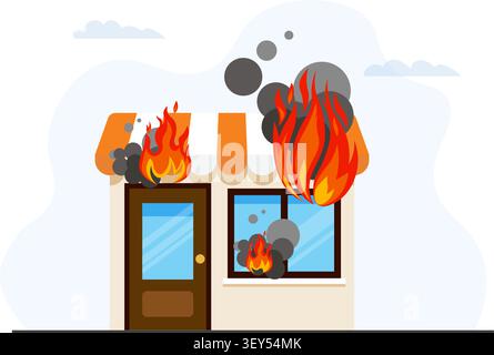 Un'illustrazione di un piccolo edificio di negozi che prende fuoco con fiamme brillanti e fumo scuro che fuoriesce da esso. Illustrazione Vettoriale