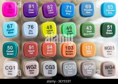 Prima piano di un set di pennarelli alcolici colorati. Tappi luminosi con numeri e nomi di colori per il disegno e l'arte. Foto Stock