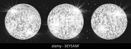 Sfera olografica da discoteca con riflessi argentati vivaci e motivo a specchio. Illustrazione vettoriale isolata per poster di nightclub e design di musica party Illustrazione Vettoriale